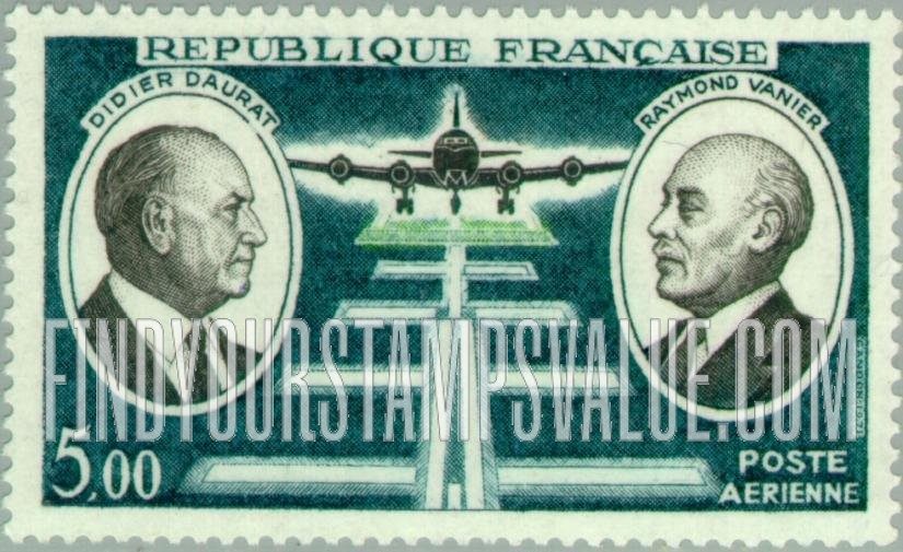 FindYourStampsValue: AIR POST - Didier Daurat, Raymond Vanier and Plane Landing at Night