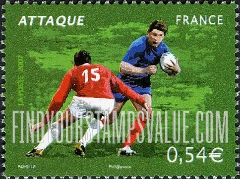 FindYourStampsValue: 2007 Rugby World Cup, France: Attaque (player running with ball)