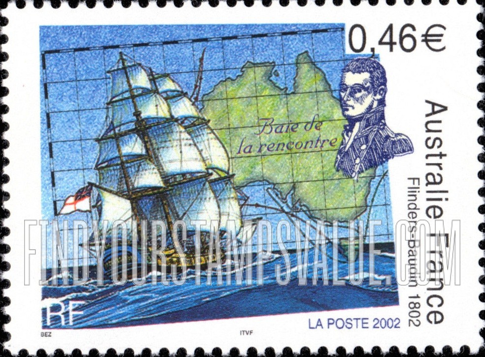 FindYourStampsValue: Encounter of Matthew Flinders and Nicolas Boudin, Bicentennial: Flinders