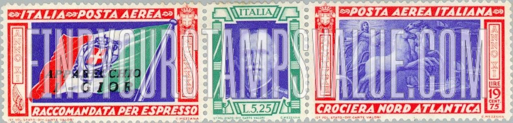FindYourStampsValue: AIR POST - Balbo’s Trans-Atlantic Flight Issue: Italian Flag, King Victor Emmanuel III, Allegory “Flight”