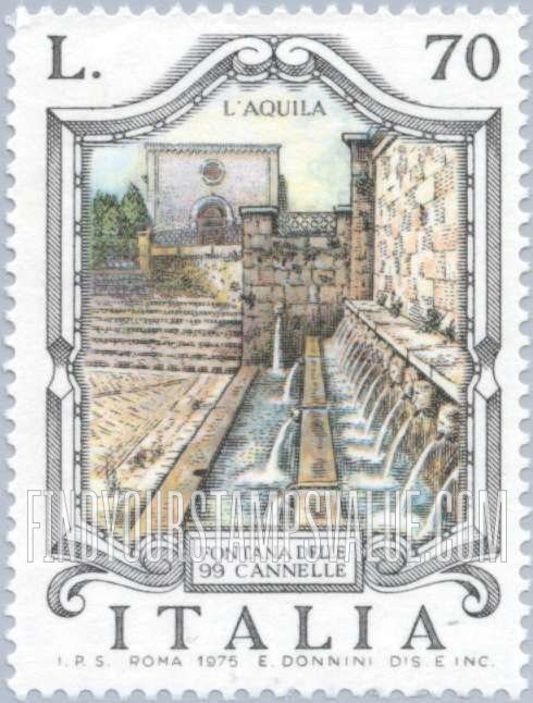 FindYourStampsValue: Fountain Type of 1973: Fountain of the 99 Faucets, Aquila