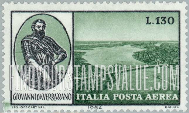 FindYourStampsValue: AIR POST - Verrazano Type of Regular Issue: Giovanni da Verrazano and Verrazano-Narrows Bridge, New York Bay