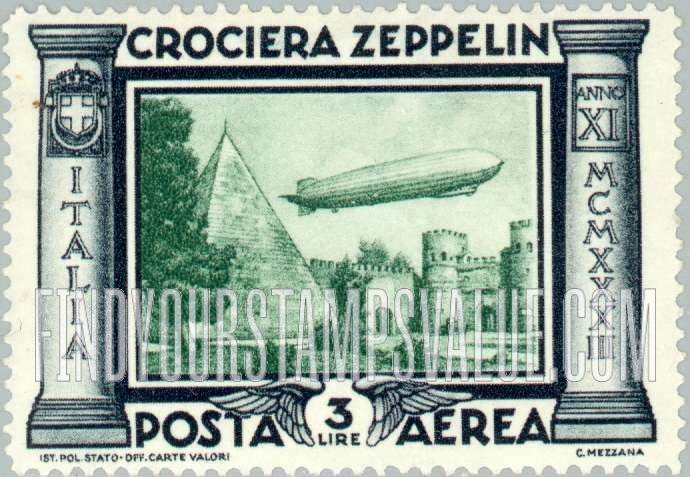 FindYourStampsValue: AIR POST - Graf Zeppelin Issue: Zeppelin over Pyramid of Caius Cestius