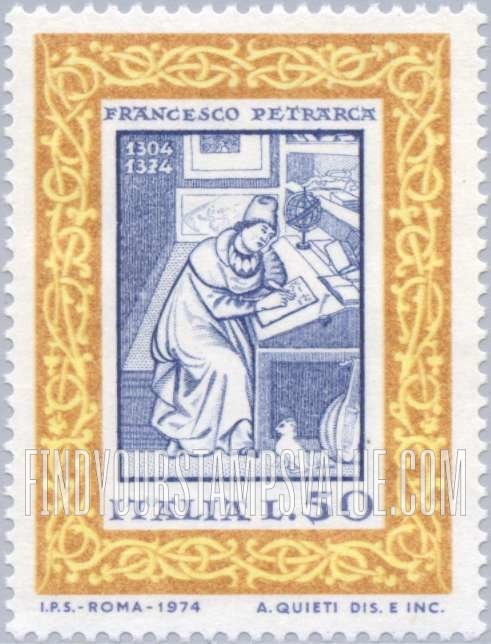 FindYourStampsValue: Petrarch at his desk (from medieval manuscript)