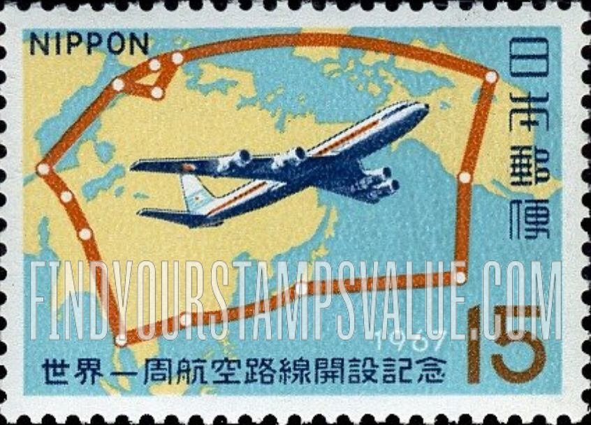 FindYourStampsValue: Around the World Air Route and Jet Plane - 世界一周航空路と飛行機