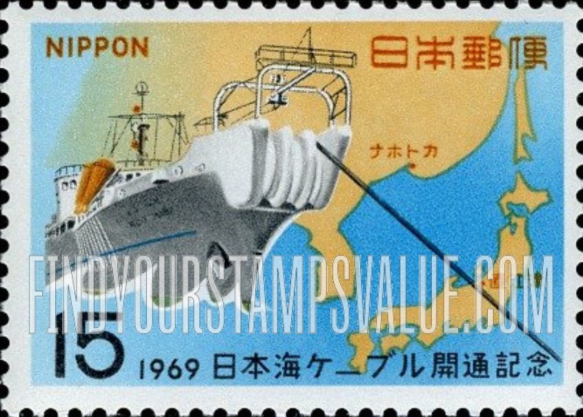 FindYourStampsValue: Cable Ship KKD Maru and Map of Japan Sea - 日本海ケーブル開通と日本海の地図