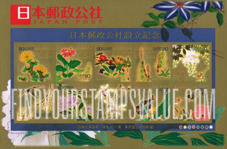 FindYourStampsValue: Inauguration of Japan Post - 日本郵政公社設立記念「四季花鳥図巻」