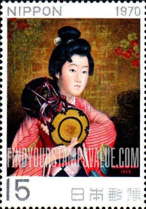 FindYourStampsValue: Woman with Hand Drum, by Saburosuke Okada - 岡田三郎助の婦人像