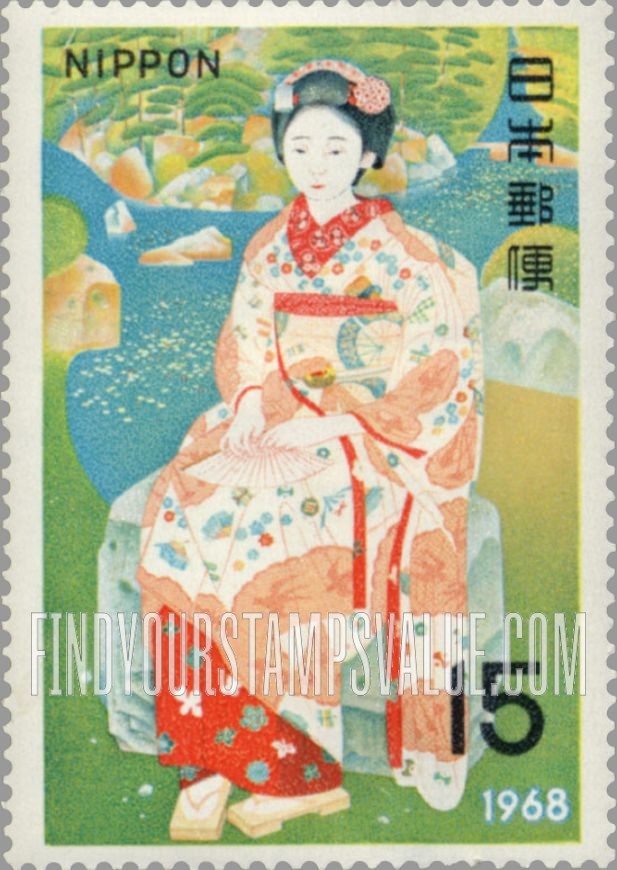 FindYourStampsValue: Young Dancer (Maiko) in Tenjuan Garden, by Bakusen Tsuchida - 土田麦僊「舞妓林泉」