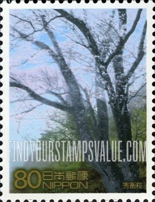 FindYourStampsValue: Cherry trees in bloom at Kumano Sankei-Michi Nakahechi - 野中の秀衡桜