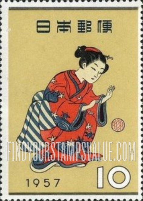 FindYourStampsValue: “Girl Bouncing Ball,” by Suzuki Harunobu - 鈴木春信「まりつき」