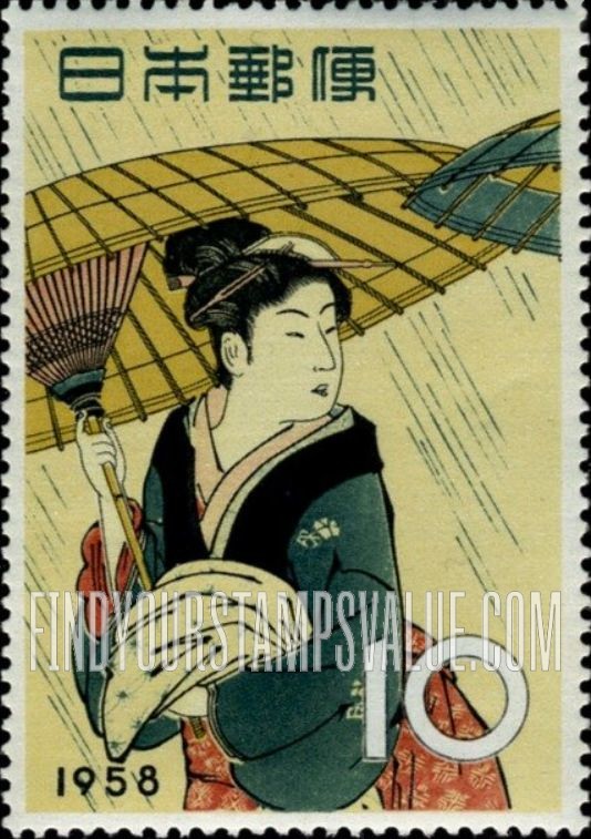 FindYourStampsValue: Woman with Umbrella, woodcut by Kiyonaga - 雨中湯帰り（鳥居清長）