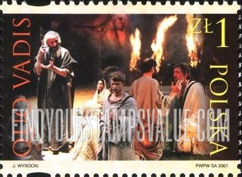 FindYourStampsValue: Premiere of Movie “Quo Vadis,” Directed by Jerzy Kawalerowicz: Apostle Peter in catacombs, baptism of Chilon Chilonides (orange and yellow inscriptions)