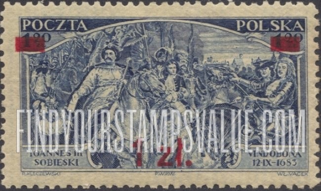 FindYourStampsValue: John III Sobieski and Allies before Vienna, painted by Jan Matejko: Surcharged in Red