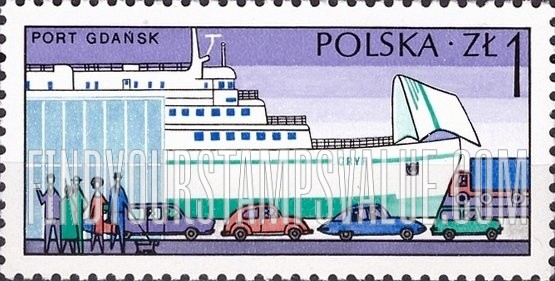 FindYourStampsValue: Polish Ports: Ferry “Gryf” and cars at pier, Gdansk