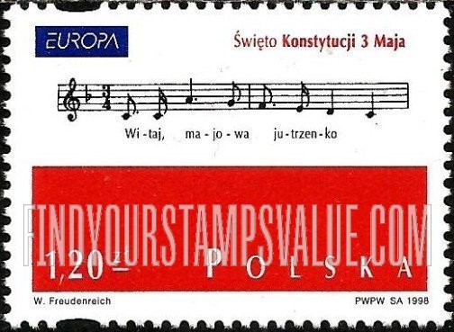 FindYourStampsValue: Europa: First bars of song, “Welcome the May Dawn,” 3rd of May Constitution Day