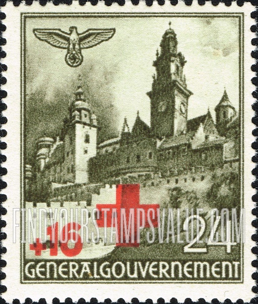 FindYourStampsValue: OCCUPATION SEMI-POSTAL - Types of 1940 Occupation Postage Stamps Surcharged in Red: Wawel Castle, Cracow