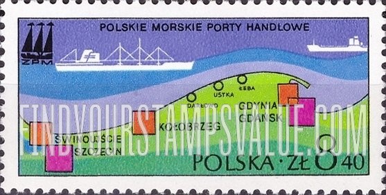 FindYourStampsValue: Polish Ports: Map of Polish Coast with ports, ships and emblem of Union of Polish Ports