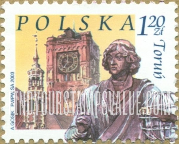 FindYourStampsValue: City Landmarks Type of 2002: Towers of Old City Hall, Statue of Nicolaus Copernicus, Torun, horizontal