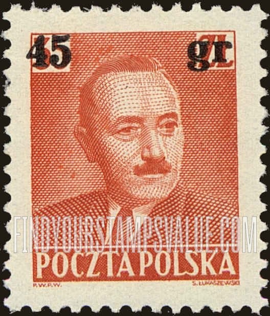 FindYourStampsValue: President Boleslaw Bierut: 8 Type of 1950 with Frame Omitted Surcharged with New Value in Black