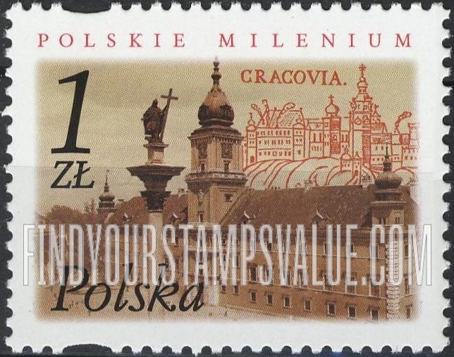 FindYourStampsValue: Millennium: Engraving of Cracow and Royal Castle, Warsaw