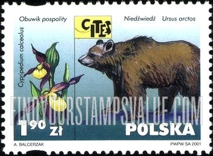 FindYourStampsValue: Endangered Flora and Fauna: Cypripedium calceolus, Ursus arctos