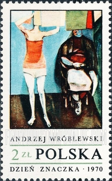FindYourStampsValue: Paintings: Woman Hanging up Laundry, by Andrzej Wroblewski