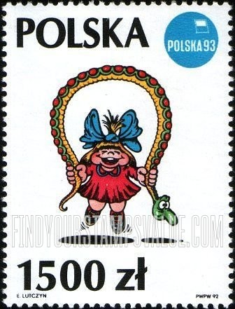 FindYourStampsValue: Illustrations by Edward Lutczyn: Girl using snake as jump rope