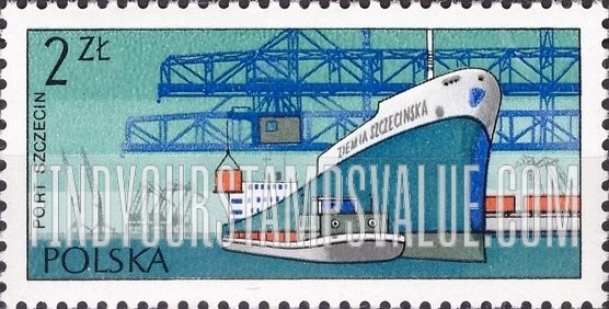 FindYourStampsValue: Polish Ports: Barge and cargoship “Ziemia Szczecinska”, Szczecin