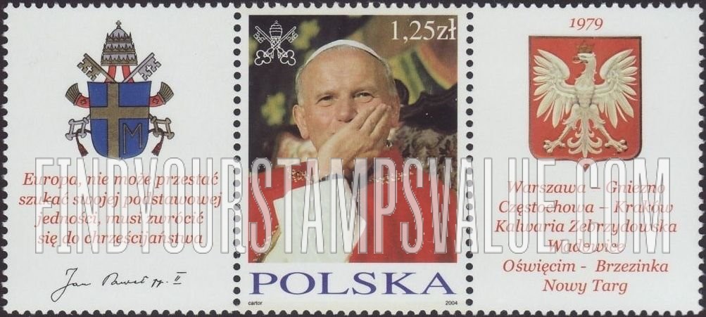 FindYourStampsValue: Visits to Poland by Pope John Paul II: Wearing red stole, hand on chin
