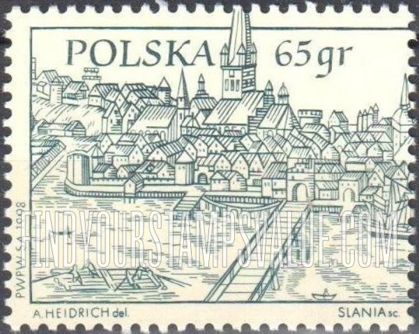 FindYourStampsValue: View of city, 1624: People on raft, pier