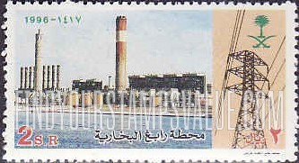 FindYourStampsValue: Rabigh steam power plant, 1996: Power plant, electrical power lines - محطة رابخ البخارية، 1417: محطة توليد الكهرباء، خطوط الطاقة الكهربائية