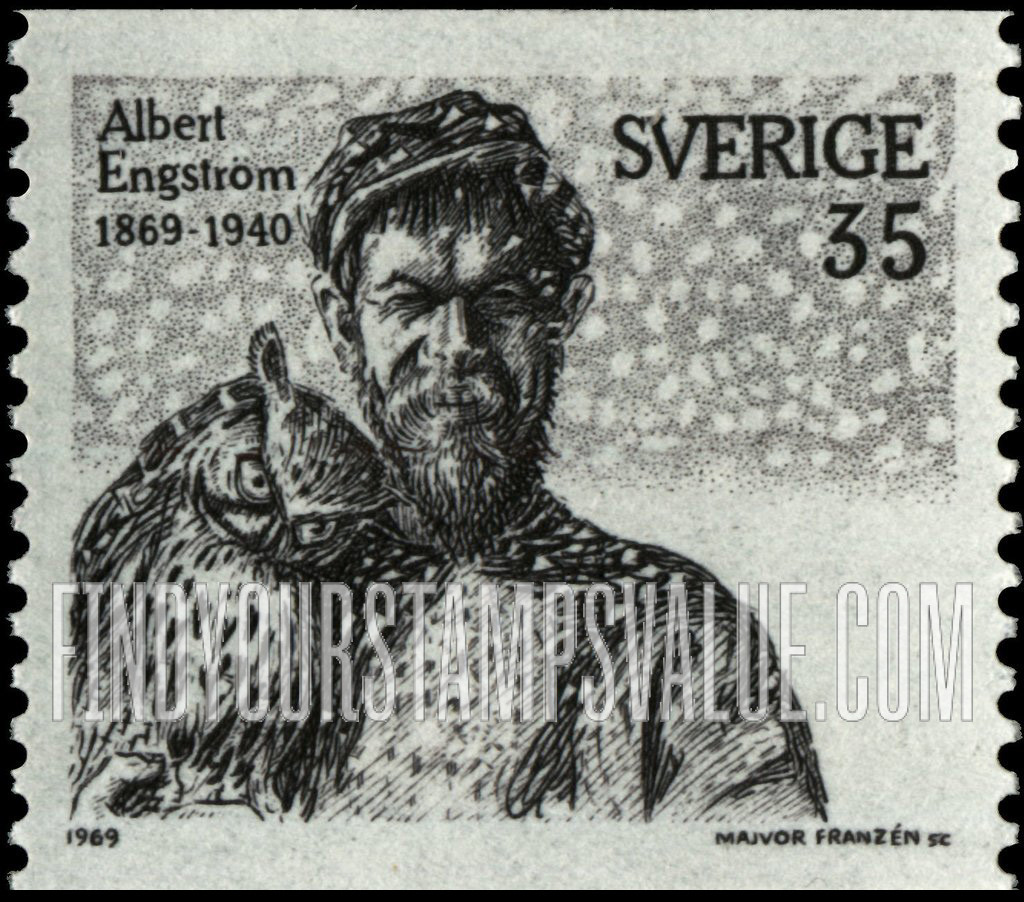 FindYourStampsValue: Albert Engstrom with Owl, Self-portrait