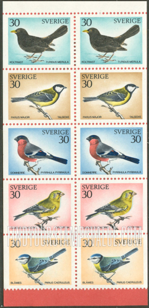 FindYourStampsValue: Birds: Blackbird, Great titmouse, Bullfinch, Greenfinch, Blue titmouse