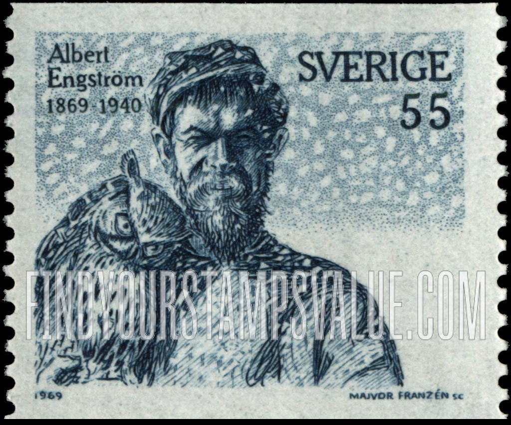 FindYourStampsValue: Albert Engstrom with Owl, Self-portrait