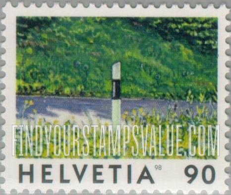 FindYourStampsValue: Federal Administration, View of Switzerland: Stream, route marker