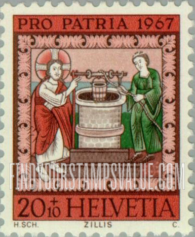 FindYourStampsValue: Semi-Postal, Ceiling Paintings, St. Martin at Zillis: Jesus and the Samaritan Woman at the Well