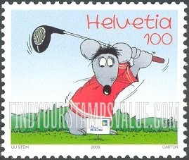 FindYourStampsValue: Federal Administration, Cartoon Mouse, by Uli Stein: Golf club and letter on tee