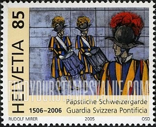 FindYourStampsValue: Federal Administration, Swiss Papal Guards, 500th Anniversary: Guard and drummers