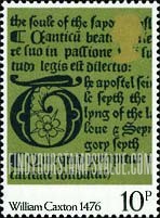 FindYourStampsValue: Great Britain (United Kingdom): 500 Years of British Printing, introduced by William Caxton - Page from Tretyse of Love, c.1493, Set in Caxton Typerface