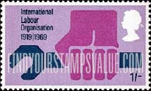 FindYourStampsValue: Great Britain (United Kingdom): 50th Anniversary of the ILO - Hand Holding Wrench
