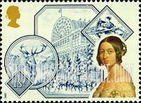 FindYourStampsValue: Great Britain (United Kingdom): Accession of Queen Victoria, 150th Anniversary - Portrait of Queen Victoria and Great Exhibition (1851) at the Crystal Palace, Grace Darling's Rescue (1838) of the Forfashire's Survivors, and Monarch of the Glen, by Sir Edwin Henry Landseer