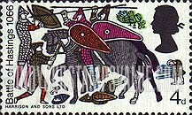 FindYourStampsValue: Great Britain (United Kingdom): 900th Anniversary of Battle of Hastings - Four Knights and Two Horses in Battle Scene