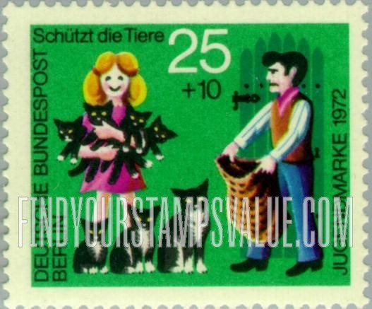 FindYourStampsValue: OCCUPATION SEMI-POSTAL - Animal Protection Type of 1972: Girl with kittens to be drowned