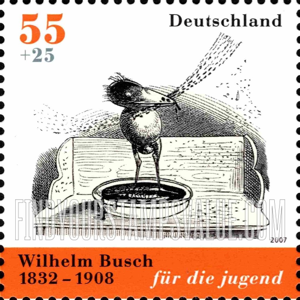 FindYourStampsValue: SEMI-POSTAL - Hans Huckelbein, der Unglücksrabe by Wilhelm Busch: Bird standing in jam