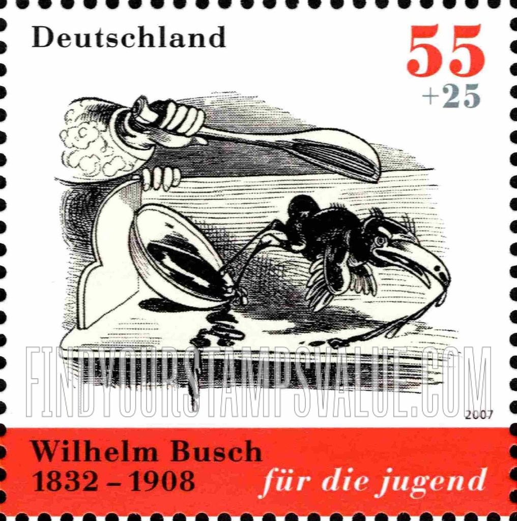 FindYourStampsValue: SEMI-POSTAL - Hans Huckelbein, der Unglücksrabe by Wilhelm Busch: Bird tipping pan of jam