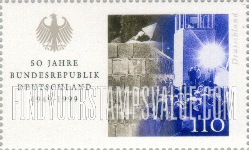 FindYourStampsValue: Federal Republic of Germany, 50th Anniversary: Building “The Wall,” people walking where “The Wall” has been removed
