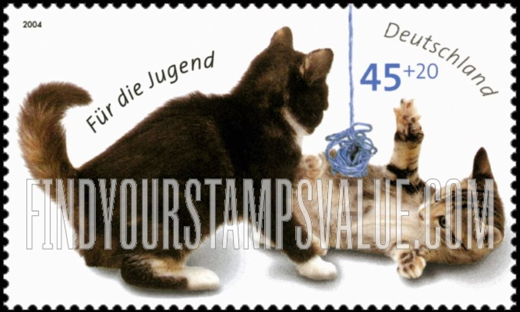 FindYourStampsValue: SEMI-POSTAL - Cats: Two cats playing with ball of string