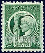 FindYourStampsValue: FOUR FREEDOMS - Liberty holding Torch of Freedom and Enlightenment