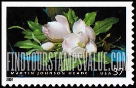 FindYourStampsValue: AMERICAN TREASURES SERIES - Giant Magnolias on a Blue Velvet Cloth, by Martin Johnson Heade, Self-Adhesive Booklet stamp
